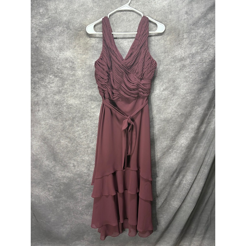 Adrianna Papell Petite Burgundy Beaded Ruched Tiered Evening Gown Dress Size 14P